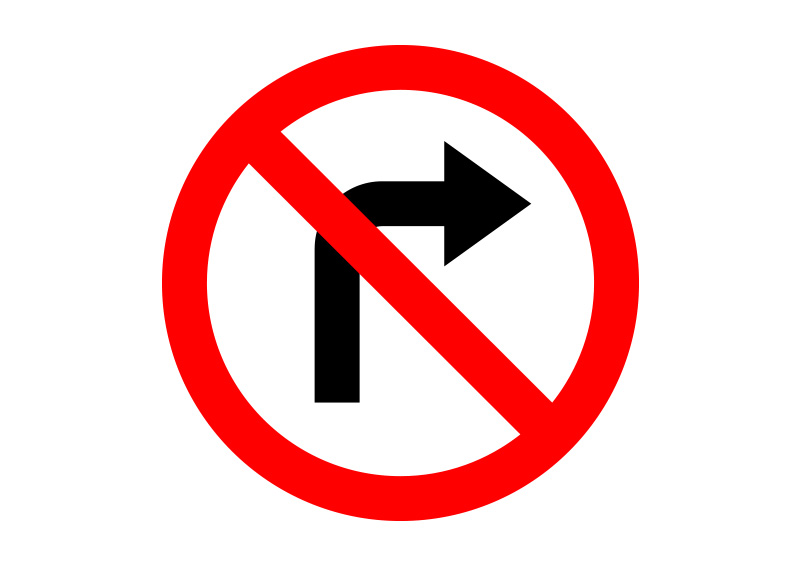 Turning right. No right turn. No rights. Restriction на плакате. No turn on RLD знак.